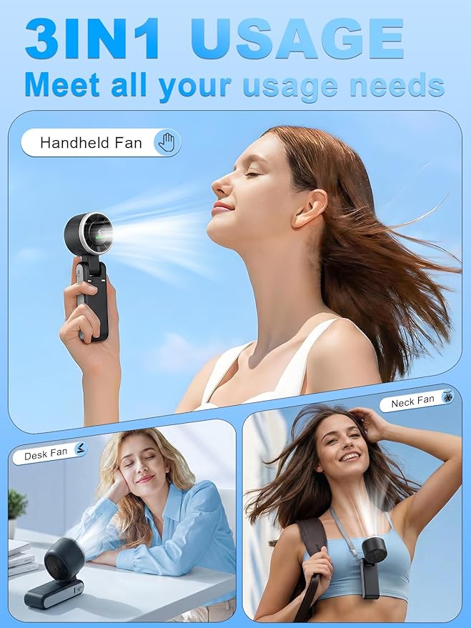 Portable Handheld Turbo Fan, 5 Gear Wind, Battery Operated, Up to 13 Working Hours Rechargeable Fan, 3 IN 1 Hand Fans with Air Turbo Tech Cooling Fan for for Travel, Beach, Outdoor - Black - Image 4