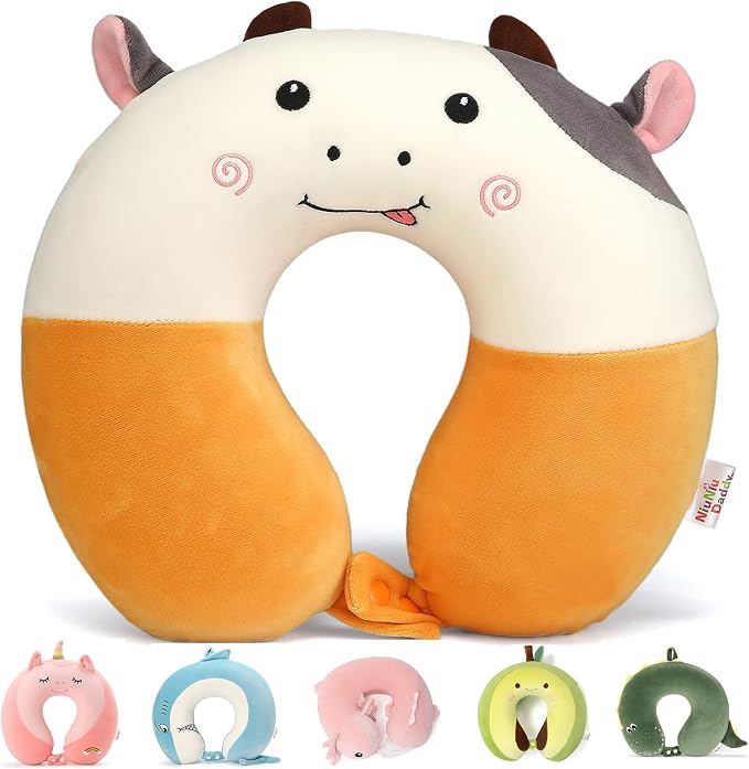 Memory Foam Travel Neck Pillow for Teens and Adults, Removable Cover, Cow | Machine washable, 17 in neck size for teens and adults, 360-degree head and chin support, car and airplane use by NiuniuDaddy