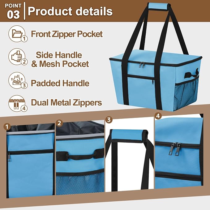 Reusable Grocery Bag – Expandable Insulated Cooler Bag with Bottom Board, Collapsible Insulated Shopping Bag with Zipper & Drawstring, Heavy Duty Tote Bag for Shopping, Delivery, Picnic, Beach - Image 6