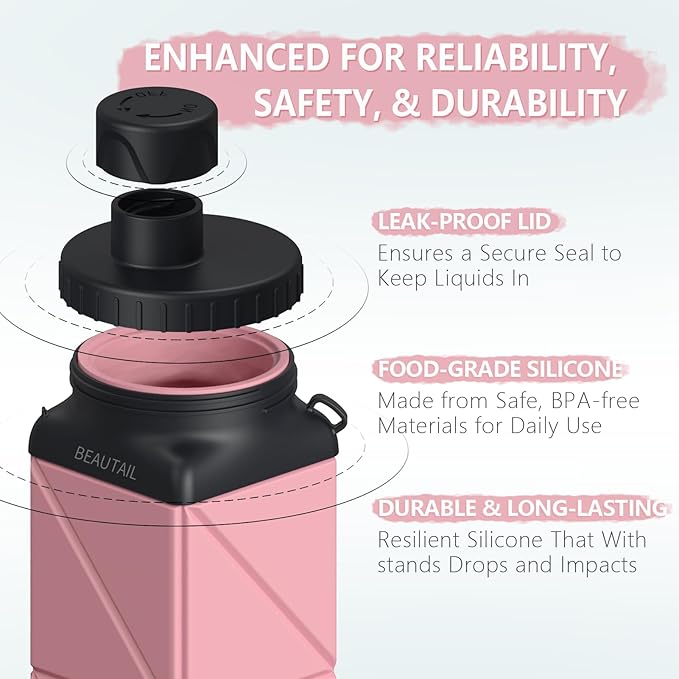 BEAUTAIL Collapsible Water Bottles 21 oz, Silicone Portable Water Bottle | BPA Free, Leakproof & Reusable, Foldable Water Bottle for Travel, Hiking, Camping, Cycling, School, Gym, 1-Pack, Pink - Image 3