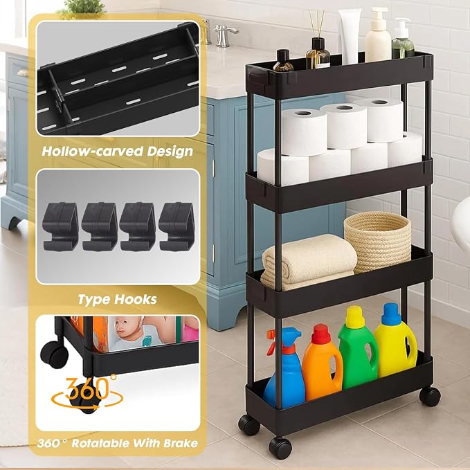 ShellKingdom 4 Tier Bathroom Storage Organizer, Slim Rolling Storage Cart for Narrow Space, Mobile Shelving Unit with Lockable Wheels and Hooks for Bathroom, Kitchen, Laundry Movable Shelf (Black) - Image 6