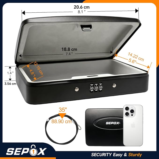 SEPOX® Portable Heavy Duty Steel Lock Box 8.1x5.7in 3ft Cable Combo Safe | For Travel Hotel Office Dorm Compact Steel Alloy Lock Box 3-Digit Code 3ft Steel Cable Secures Cash Passport Jewelry Small - Image 6