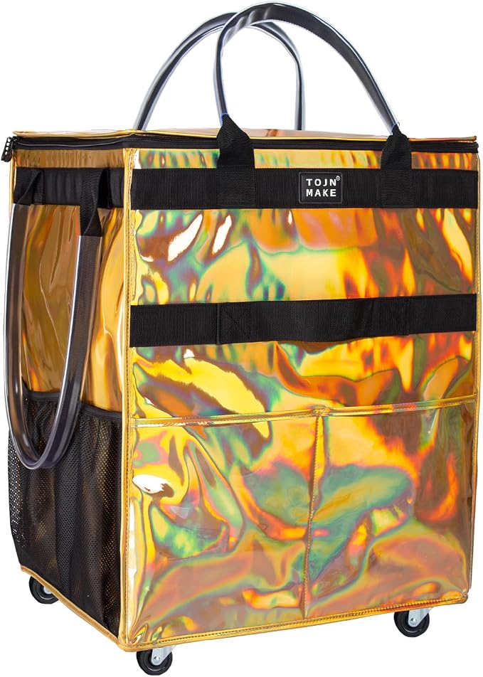 Reusable Grocery Bag with Wheels, Large Glitter Gold Rolling Tote | 8 Pockets, Zipper Cover, Foldable for Women, Kitchen, Travel, Carries Up to 76LBS by TOJNMAKE