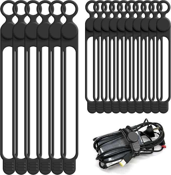Silicone Cable Ties, Cord Organizer Cable Management,2Sizes-Black | Reusable Cord Ties for Electronics, Office Desk Accessories, Home Travel Essentials, Easy to Use, 4.2 Inch & 7.1 Inch-16Pcs by ELECTRONICSORGANIZATION