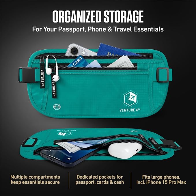VENTURE 4TH Travel Money Belt, RFID Blocking Passport Holder - Turquoise - Image 5