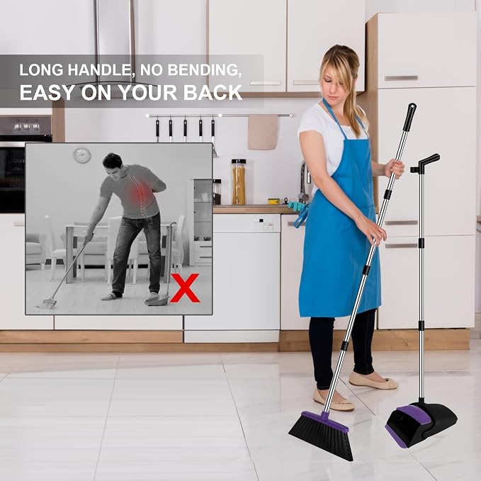 Broom with Dustpan Combo Set, 51" Household Dustpans and Broom, Standing Dust Pan Set for Home, Purple Cleaning Set for Kitchen Lobby Indoor Outdoor | Hands-Free Pet Hair Cleaning, Built-in Comb Dustpan, Space-Saving Storage, Multi-Surface Use for Home... - Image 3
