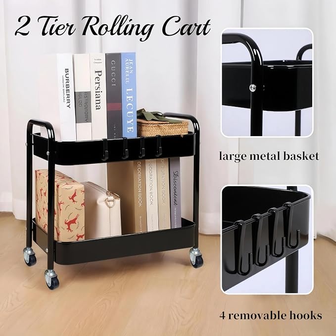 2 Tier Metal Rolling Utility Cart with Wheels Under Desk Storage Cart with Handle, Roll Around Organizer Trolley for Small Space Pantry Bathroom Home Kitchen Office Snack Baby Supplies, Black - Image 7