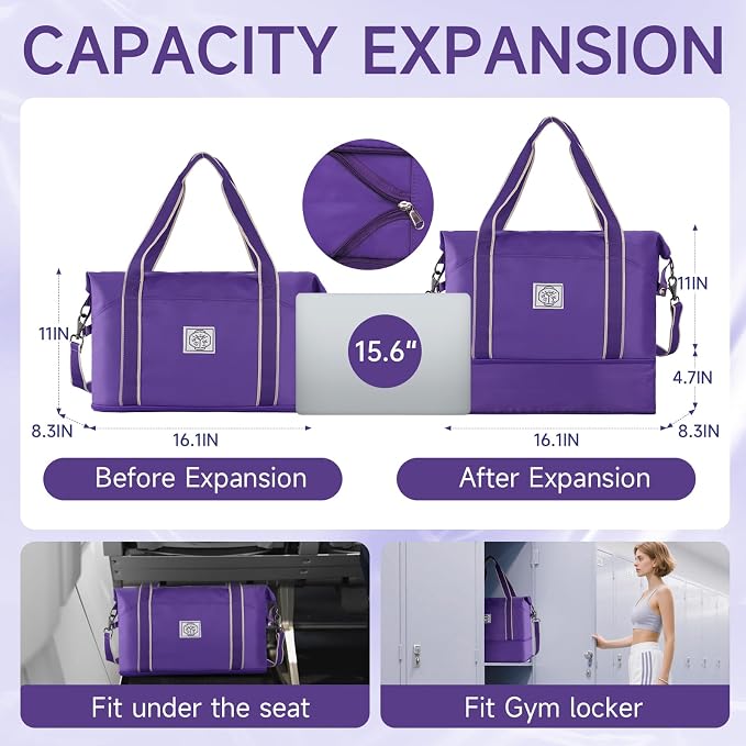 WALNEW Travel Duffel Bag, Weekender Bag for Women, Purple | Overnight Carry On Bag, Foldable Waterproof Gym Luggage with Metal Buckle Detachable Shoulder Strap and Wet Compartment - Image 2