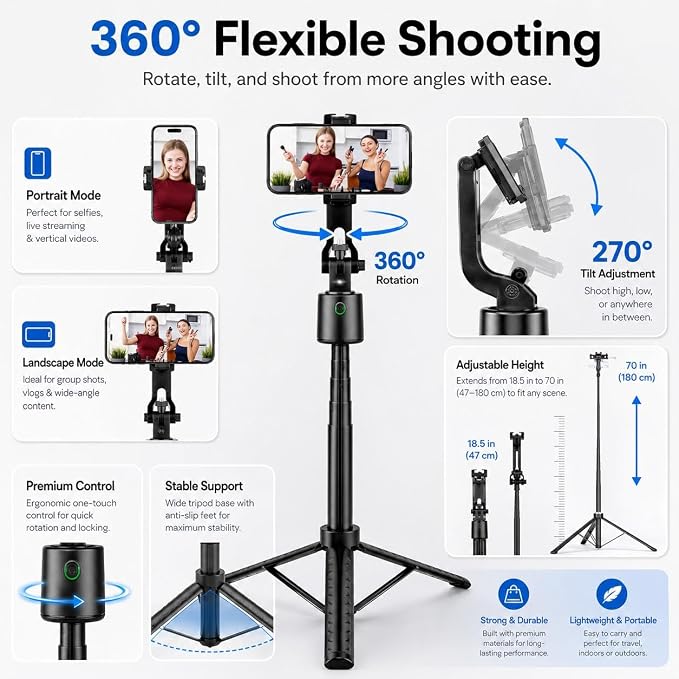 70" Auto Face Tracking Tripod, 360° Smart Phone Holder with Wireless Remote, Selfie Stick for iPhone Android, No App Needed, Video Recording Vlogging Live Streaming - Image 3