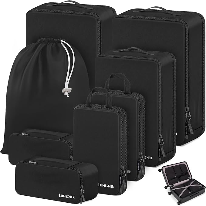 Compression Packing Cubes, Lumesner 8 Set Travel Packing Cubes for Carry on Suitcases, Compression Suitcase Organizers Bag Set & Travel Cubes (8-piece, Black) by Lumesner