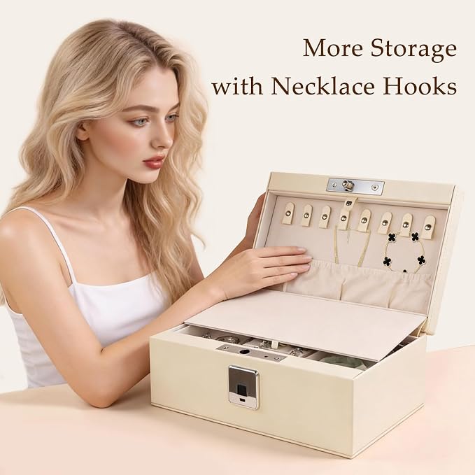 Jewelry Safe, Biometric Fingerprint Safe, Leather Wrapped Jewelry Box with Lock & Mirror, Ultra-Lightweight Jewelry Box Suitable for Home Use & On-the-Go(Three-Tier White) - Image 5
