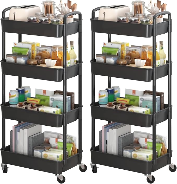 Sywhitta 4-Tier Plastic Rolling Utility Cart with Handle, Multi-Functional Storage Trolley for Office, Living Room, Kitchen, Movable Storage Organizer with Wheels, Black (Pack of 2) by haseverythingyouneed