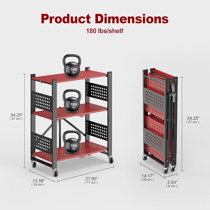 3-Tier Folding Shelf with Roller Casters for Storage Required. | Heavy-duty steel folding shelf Side Pegboard Construction Garage Shelves, Red And Black Perforated Shelves, No assembly - Image 3