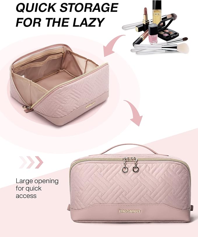 BAGSMART Makeup Bag Cosmetic Bag, Travel Makeup Bag,Water-resistent Makeup Bags for Women Portable Pouch Open Flat Make Up Organizer Bag for Toiletries, Brushes, Pink - Image 2