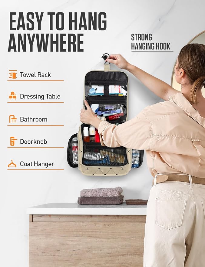 VENTURE 4TH Hanging Travel Toiletry Bag, 17 Compartments - Beige Diamonds | Hangs on rails, hooks or doors; stands upright too. Removable TSA pouch. Water-resistant 900D Nylon, reinforced stitching. - Image 4