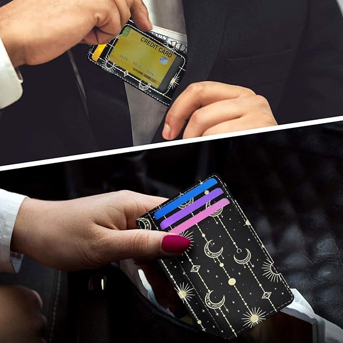 Front Pocket Minimalist Leather Slim Wallet Credit Card Holder Sun Moon Stars Witch for Men & Women - Image 6