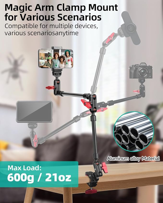 22" Magic Arm w Clamp Mount, Overhead Desk Phone Mount Stand, Adjustable Articulating Friction Camera Boom Arm w 1/4" Thread for Phone Video Light Webcam Action Camera Tripod Mic - Image 4