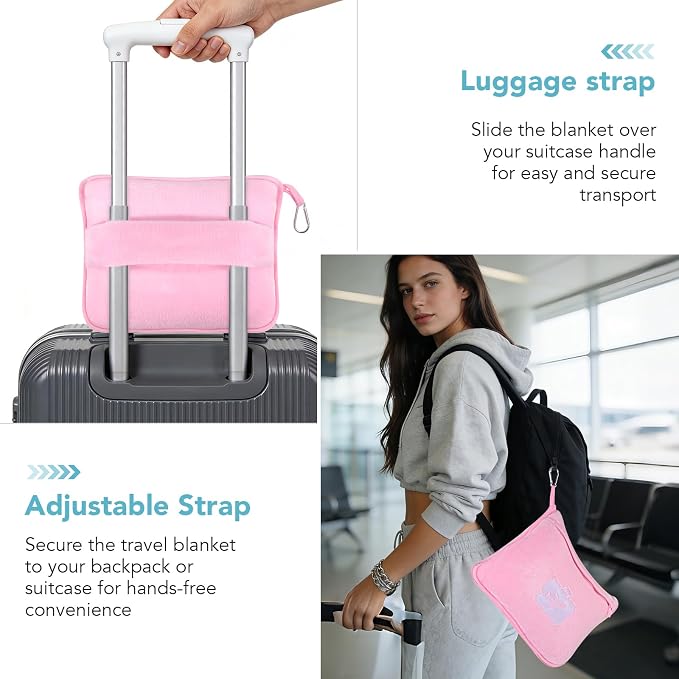 Travel Pillow and Blanket 2-in-1 Set Airplane Pink 60x50 Inch | Plane Packable, Soft Warm and Lightweight Flannel, Hand Luggage Sleeve and Backpack Clip, Plane Flight Car Trips - Image 4