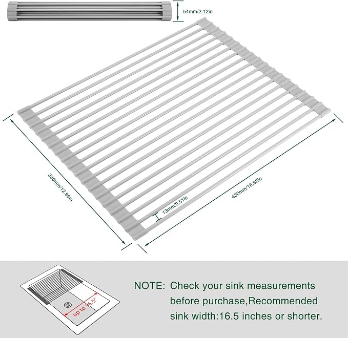 HANZENMA Roll Up Dish Drying Rack Over The Sink Kitchen Roll Up Sink Drying Rack Multipurpose Foldable Sink Drying Mat, Heat-Resistant, Anti-Slip & Anti-Rust Dish Rack for Kitchen, 17" x 13", Grey - Image 2