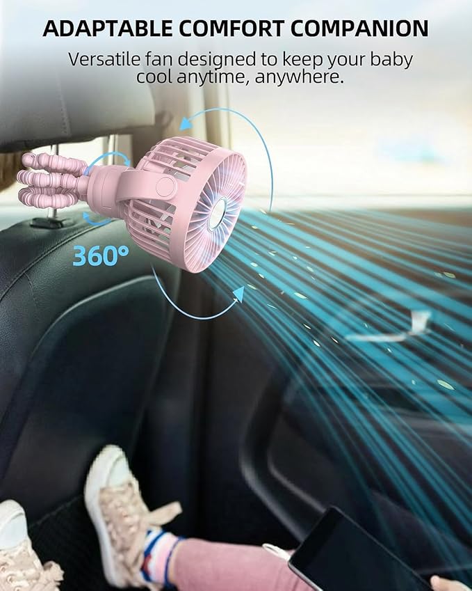 Portable Stroller Mini Fan, Small Rechargeable Personal Cooler w/ 360° Rotation, 3-Speed, Display, Battery Powered Stroller Accessories, Baby Essentials for Car Seat, Crib, Bike, Treadmill, Sakura - Image 5