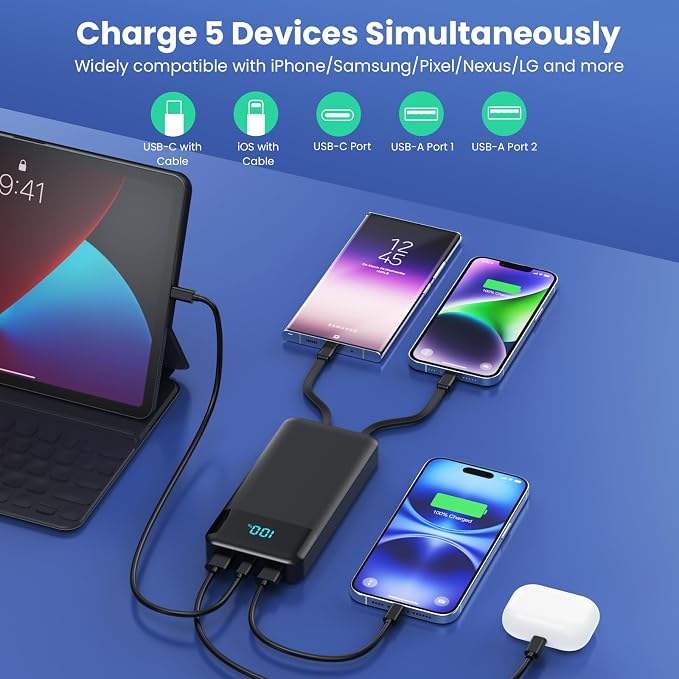 Portable Charger Power Bank 50800mAh with 3 Built-in Cables,25W PD Fast Phone Charging Portable Battery Pack,5 Outputs Travel Essentials Outdoor External Battery for iPhone 17/16/15,Galaxy Android etc - Image 3