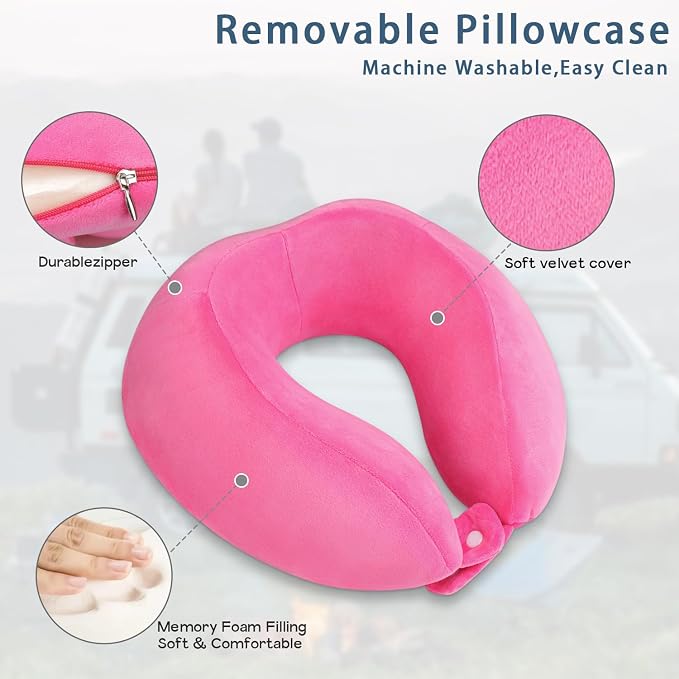Neck Pillow Soft Memory Foam Travel Pillow Rose Red | Portable U Shaped, Headrest Neck Support, For Airplanes Sleeping, Office Trains Cars Camping Use - Image 2