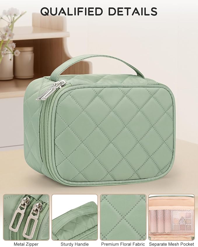 Relavel Travel Makeup Bag, Cosmetic Bag for Girls with 2 Makeup Brush Holders, Portable Makeup Pouch for Women, Cute Toiletry Bag with Double Layer Organizer - Green | Compact Makeup Pouch for Short Trip, Cute Toiletry Bag with Double Layer Organizer -... - Image 4