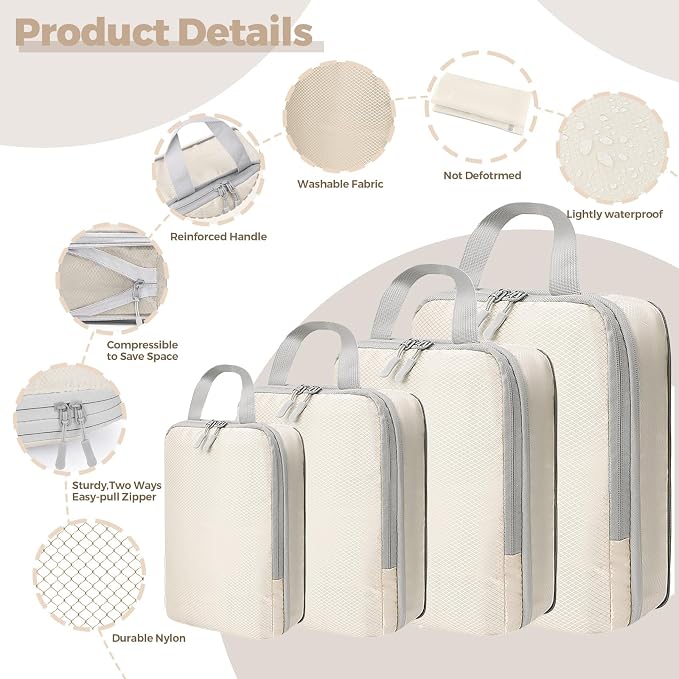 LANSKLBD 6/8 Set Packing Cubes for Suitcases Travel Luggage Packing Organizers,Travel Accessories Essentials Luggage Organizer with Shoe/Tioletry/Laundry Bag (Beige, 4 set) - Image 4