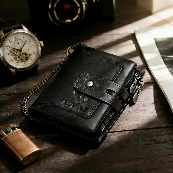 Mens Wallet with Chain Genuine Leather 1 ID Window Purse with RFID Blocking Bifold Double Zipper Coin Pocket - Image 6