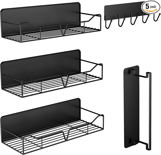 Magnetic Shelves for Washing Machine & Fridge Utentils Rack 5 Pack- Metal Heavy Duty Magnetic Shelf Magnetic Laundry Organizer with Hooks and Towel Holder for Magnetic Laundry Room Storage (Black) by Unknown