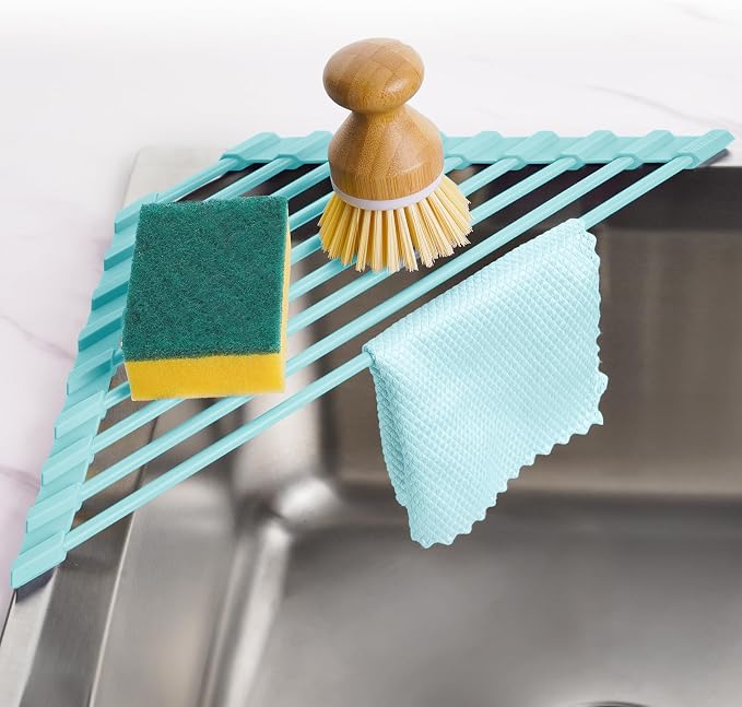 Tomorotec Roll Up Dish Drying Rack with Silicone Coating, Mint Green | 304 Stainless Steel with BPA-Free Silicone, Triangle Design Maximizes Sink Corner Space, Fits Compact Kitchens And RVs by Tomorotec