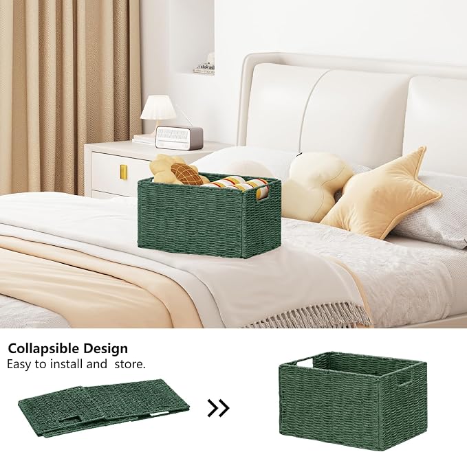 Large Wicker Storage Basket, Collapsible Baskets for Organizing | Set of 2 Hand-Woven Paper Rope Wicker Basket, 17"x 12" Closet Organizers and Storage with Handles Home Organization, Green - Image 3