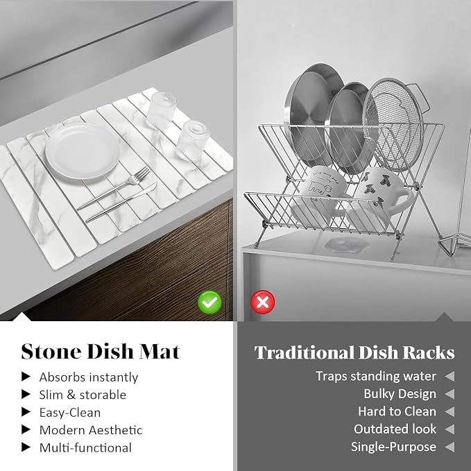 Large Stone Dish Drying Mats for Kitchen Counter, Quick Dry Dish Drying Mats, Foldable Absorbent Diatomaceous Earth Mats for Dishes Cups, Match Any Countertop (24"×16" & 8"x4" White Marble ) - Image 6