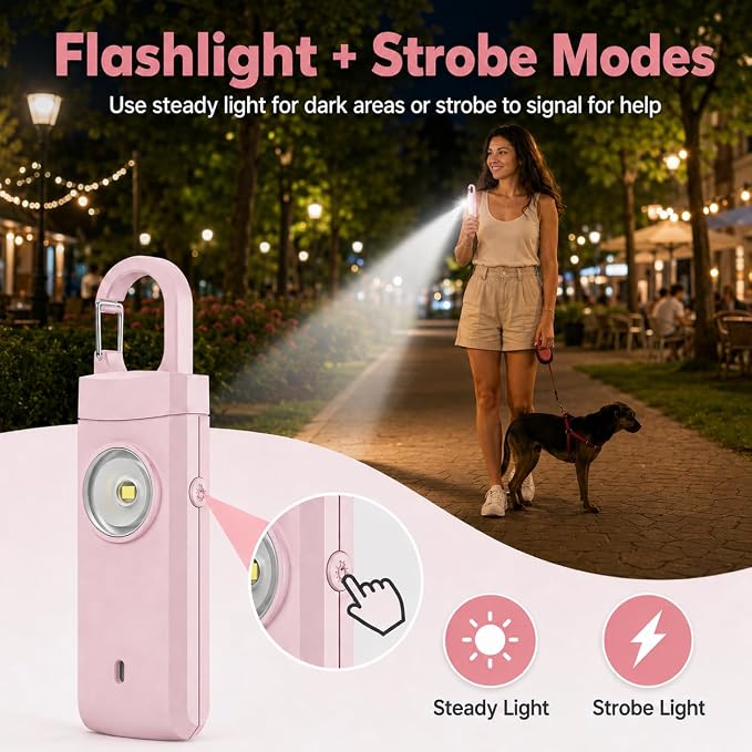 Rechargeable Personal Alarm for Women - Travel College Dorm Essentials | 130dB Keychain Alarm with Flashlight, Safety Gifts for Teen Girl, Daughter, Student, Birthday Gift Stocking Stuffers, Pink - Image 4