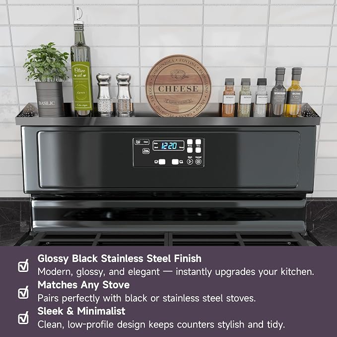 STUTOV 30" Magnetic Stove Top Shelf – Black Stainless Steel Spice Rack and Seasoning Organizer – Kitchen Shelf for Back of Stove – Over Stove Rack and Storage Organizer - Image 2