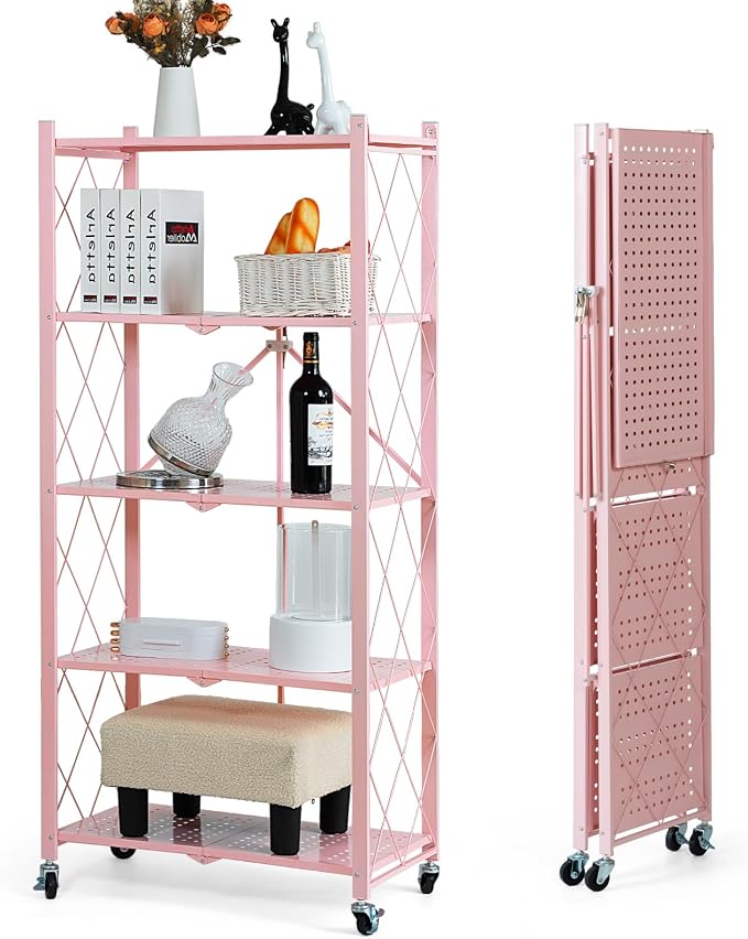 BRIAN & DANY 5-Tier Foldable Storage Shelves with Wheels, Folding Metal Rack Shelving Unit, Heavy Duty No Assembly Organizer Shelf for Garage, Kitchen, Basement, Pantry, Pink - Image 4