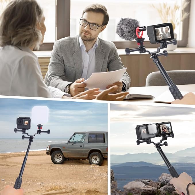 Dual Action Camera Mount & 19" Short Selfie Stick Kit, Aluminum Twin Adapter for GoPro, Compatible with Insta360, for DJI Osmo - Front/Rear View Recording, YD029 - Image 6