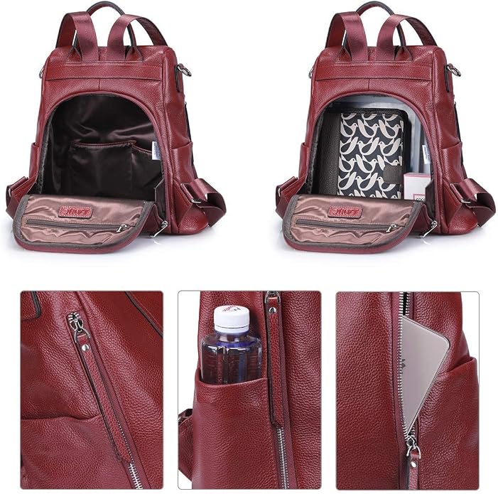 S-ZONE Leather Backpack Purses for Women Antitheft Rucksack Shoulder Bag Medium | Genuine Leather, Medium Fits 9.7-inch Tablet, for Work Travel Daily Commute, Multi Pockets, Adjustable Dual Straps - Image 3