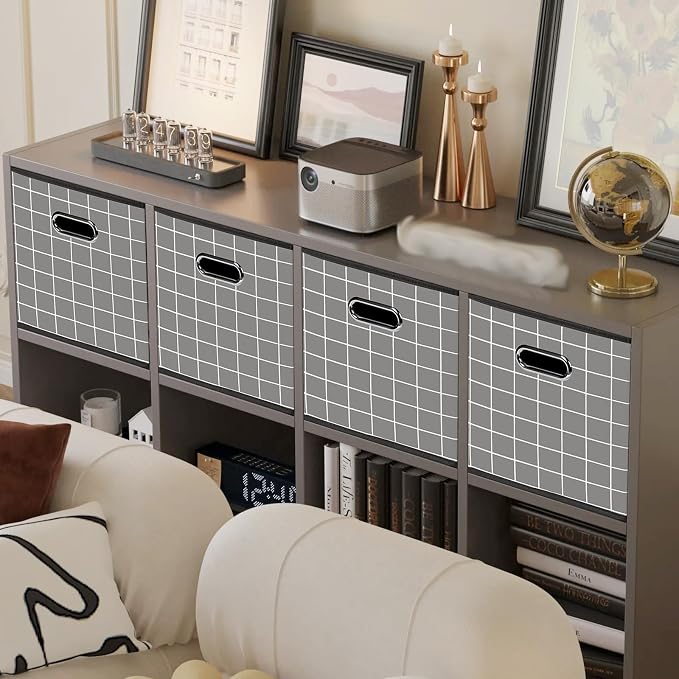 Yunkeeeper storage bins Cubes, Fabric Cube Organizer with Handle, Foldable Cube Bins for Cloth or Accessary Storage, 11x11x11, Set of 3,(Grey grid) - Image 4