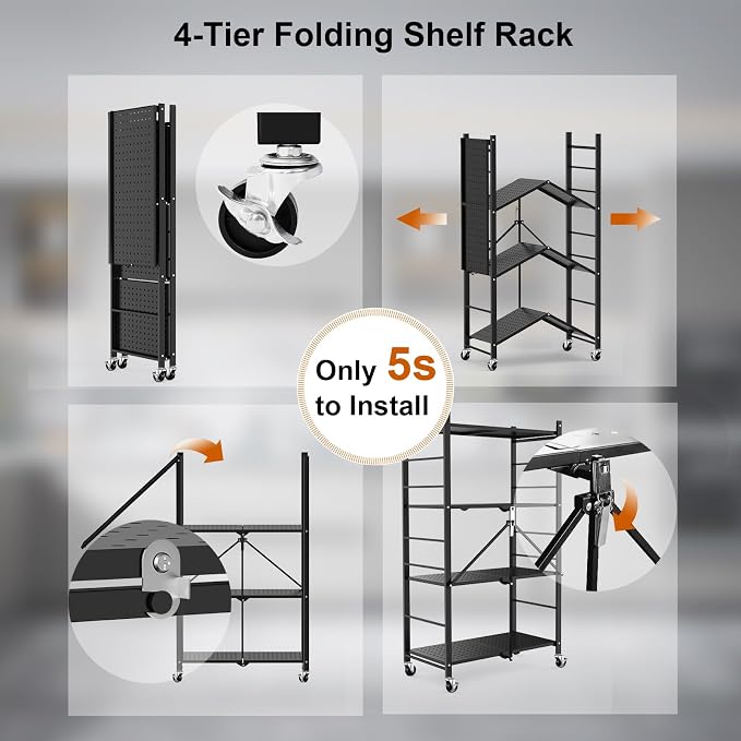 Himix 4-Tier Foldable Storage Shelf with Wheels 20 Hooks Black No Assembly | Metal collapsible organization, Folding storage rack, Wire shelving, Unit Rolling Cart, Kitchen, Garage, Holds 352 Ibs - Image 5