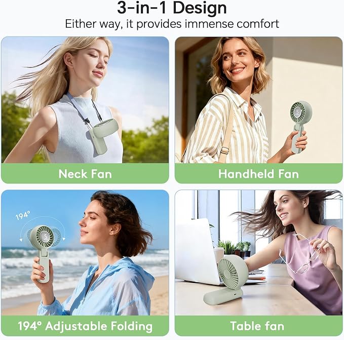 ZOZOO Portable Fan, USB Rechargeable 194°Folding Handheld Fan,5 Speed&LED Display &High Power Motor Table Fan, 3 IN 1 Quiet Strong personal Neck fans for Travel,Camping,Beach (Green) - Image 5