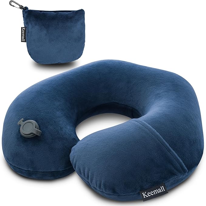 Keemall Inflatable Neck & Shoulder Travel Pillow for Airplane Naps | Portable Foldable Neck & Back Support with Adjustable Firmness, Headrest for Long Flights & Travel Sleep, Deep Blue by Keemall