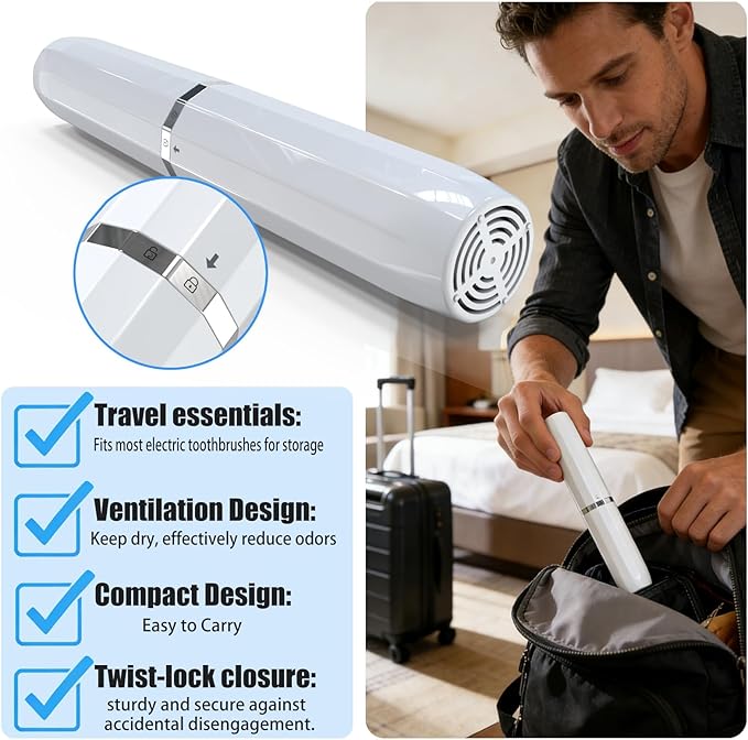 Long Ventilated Electric Toothbrush Travel Case, Portable Holder, Fits Most Standard Straight Electric Toothbrushes (White) - Image 3