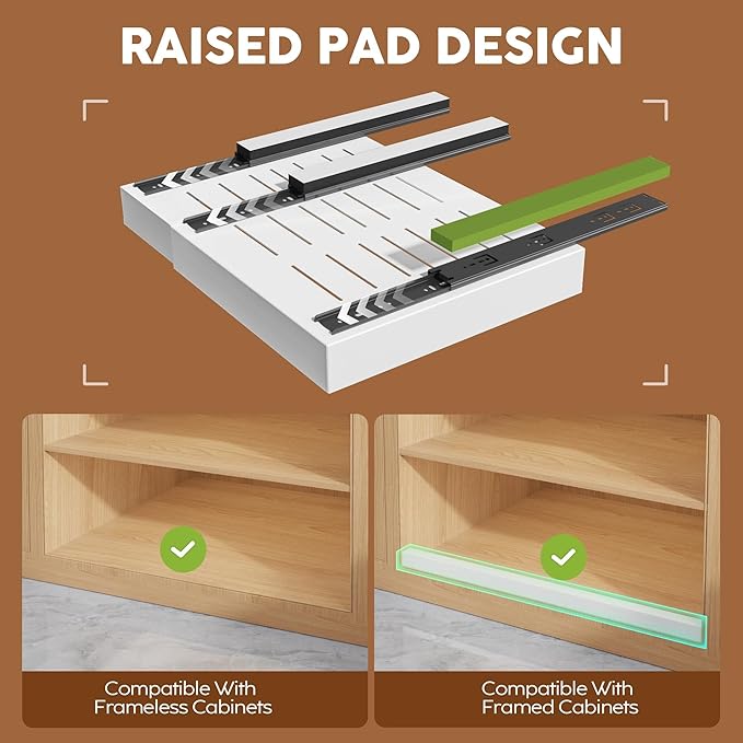 Seinloes 2Pack Expandable Pull Out Cabinet Organizer 21"Deep With Raising Pad for Framed Cabinets, Upgrade 3 Slide Rails Slide Out Drawers, Roll Out Shelves Adhesive,Adjustable Width 12.05"-20.4"White - Image 2