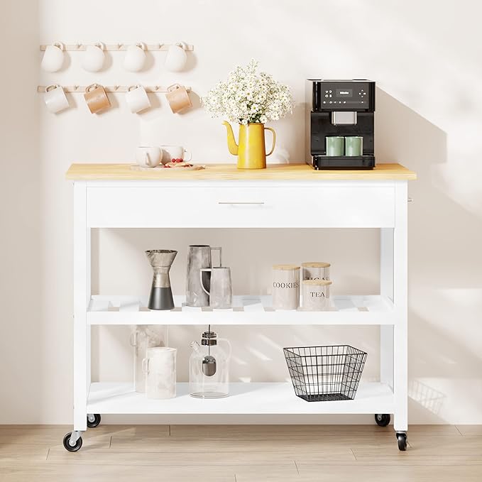 Shintenchi Kitchen Island Cart with Storage,Rolling Kitchen Island Side Table on Wheels with Large Worktop,Storage Cabinet,Towel Rack,Drawers and Open Shelves for Kitchen,Dinning Room,White - Image 2