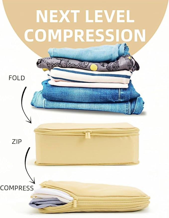 6 Set Compression Packing Cubes for 7–14 Day Travel, Bright Yellow | Nylon Oxford Fabric, Full Breathable Mesh, Reinforced Double-Zipper, Small to Large Size Bag, Expandable Packing System - Image 2