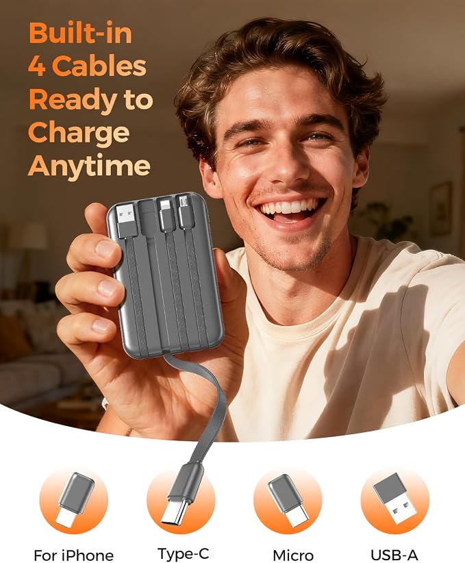 Portable Charger 10000mAh with 4 Built-in Cables 40% Smaller | Power Bank Fast Charging Battery Pack,LED Display Compact with Travel Charger for iPhone Other Devices-Grey - Image 8