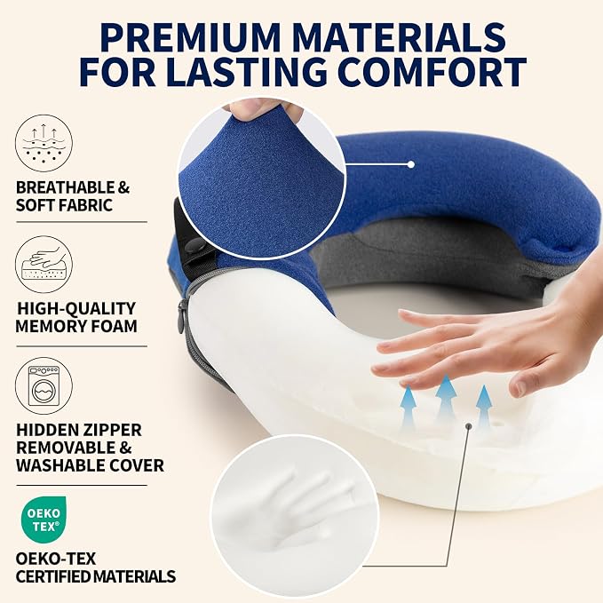 Kids Travel Pillows for Airplane, Memory Foam 360° Head Support Sleeping Essentials for Boys Long Flight, Skin-Friendly Soft Neck Pillow for Traveling in Car Seat, (Small, Blue Grey, 40-90 lbs) - Image 4