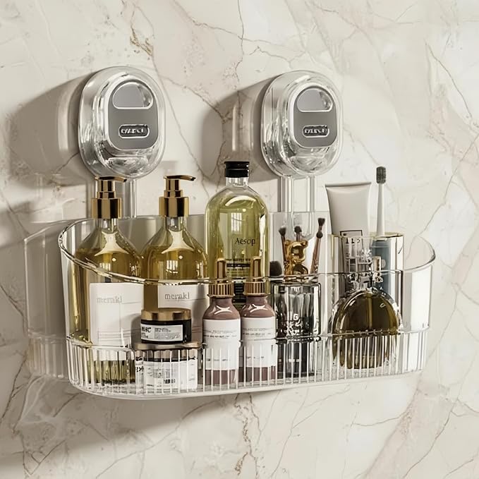 No‑Drill Wall Mount Large Storage Box with Wave‑Grip Suction Cups | Transparent PET construction.Tool‑free spacious wall caddy for cosmetics & toiletries bathroom storage by Unknown