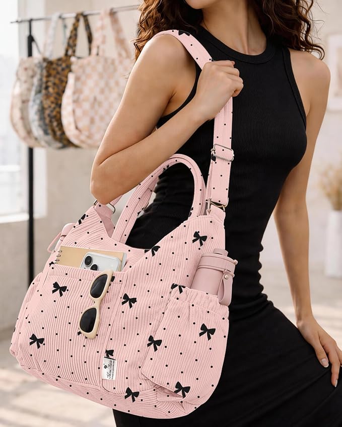 Miss Adola Corduroy Crossbody Tote Bag for Women | Multi Pocket Storage, Zipper Closure, Adjustable Strap, Fits 14 Inch Laptop, Foldable Reusable, for Work Travel Everyday - Image 2